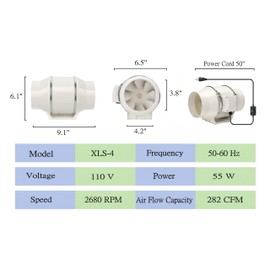 4 Inch Duct Inline Pressurization Ventilation Exhaust Fan with Speed Controller 282 CFM Duct Intake High Efficiency Air Copper Motor for Bathroom Grow Tents Hydroponics