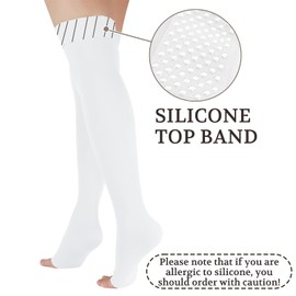 LIN PERFORMANCE 15-20 mmHg Medical Compression Stockings for Women and Men Thigh High Dot-Top Open Toe Socks for Varicose Vein Swollen legs (White,S)