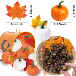 184Pcs Artificial Pumpkins Artificial Acorns Natural Pinecones Ornament Artificial Maple Leaves Set Autumn Table Decorations for Home Fall Harvest Halloween Thanksgiving Day Winter Christmas Wedding