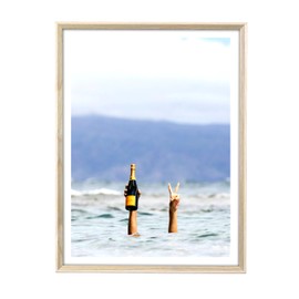 iHery Natural Beige Dimensional OAK Wood Framed Wall Art, 12x16in Woman With Wine in Beach Canvas Print, Blue Teen Girl Feminist Wall Decor For Living Room, Set of 1 Bedroom Trendy Cocktail