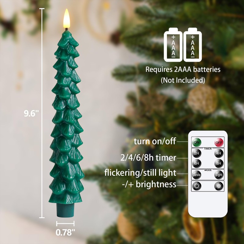 Zevanor Green Tree Flameless Real Wax Taper Candles with Remote