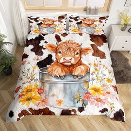 jejeloiu Cute Highland Cow Bedding Set Cow Print Duvet Cover Twin Size for Kids Boys Girls Teens Bedroom Decor Farmhouse Highland Cattle Comforter Cover Set Floral Bedspread Cover with 1 Pillow Case