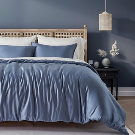 EVERGRACE Tencel Lyocell Cooling Duvet Cover Set Queen Size 3 Piece, 100% Natural Eucalyptus Lyocell Fiber from Austria, Luxury Silky Soft Comforter Cover with 2 Shams, Stormy Blue, 92"x88"