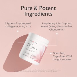 Alaya Multi Collagen Powder - Supports Hair, Skin, Nails & Bone Health for Women and Men - 5 Types Hydrolyzed Collagen Peptides Protein Powder Supplement with MSM + Glucosamine (20 Serving)