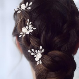 Yean Perlen-Braut-Hochzeits-Haarnadeln, Blatt-Braut-Kopfstück, Strass-Haarschmuck für Frauen (3 Stück) (Silber)