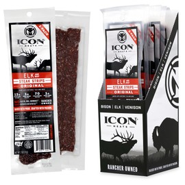ICON Meats Elk and Beef Jerky Steak Strips - Original Flavor - 8 Packs Per Box, 2 Strips Per Pack, USDA Approved, All Natural Meat Sticks, Diet Friendly, High Protein, Low Calorie, Low Sugar
