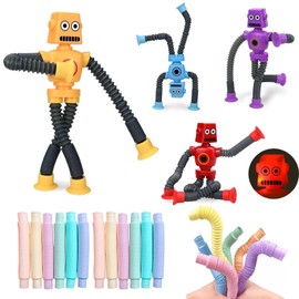 AEVIORA 4 Pcs Robot Telescópico con Ventosas, con 12 Pcs Mini Tubos Sensoriales para Niños, Pop Tube Sensor, Fidget Toys, Juguetes para Aliviar el Estrés para Adultos y Niños (Robot)