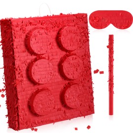 Hollowfly 20 Inches Large Piñata for Birthday Party with a Blindfold and Bat Piñata Birthday Party Decorations for Anniversary Game Supplies(Red Block)