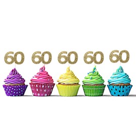 Sumerk 24PCS 60 Cupcake toppers Gold Glitter 60th Birthday Cupcake Picks Anniversary Party Decorations