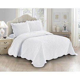 Fancy Linen 3pc Embossed Coverlet Bedspread Set Oversized Bed Cover Solid Floral Daisy Pattern New # Allis (King/California King, White)