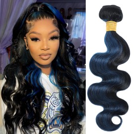 ALHER Black Mix Midnight Blue Highlight Bundle Human Hair Body Wave, 10A Soft Thick Single Wavy Bundle, 100% Remy Hair Highlight Two Tone Subtle Colored Weft Wavy (#1B/Blue, 8 Inch)