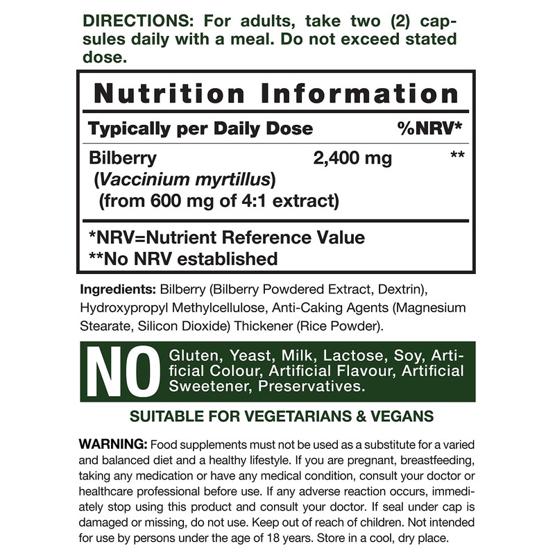 Bilberry Extract Capsules | 2400mg | 200 Count | Vegan