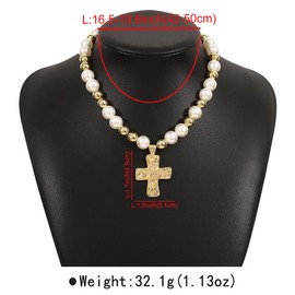 Chunky Gold Big Cross Necklace Statement for Women, Dainty Beaded Pearl Chain Choker Exaggerated Large Cross Pendant Necklaces Party Prom Jewelry Gift (Gold)