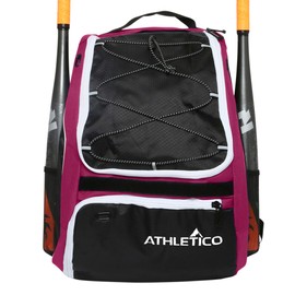 Athletico - Mochila para equipo de béisbol y softball para jóvenes y adultos | Capacidad para bate, casco, guante, zapatos, compartimento para zapatos y gancho para valla, Granate