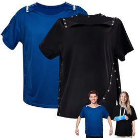 2 Pieces Post Surgery Shirt for Men Women Unisex Shoulder Surgery Shirts Left Right Side Snap Access Recovery Hospital Shirts (Black, Blue, XL)
