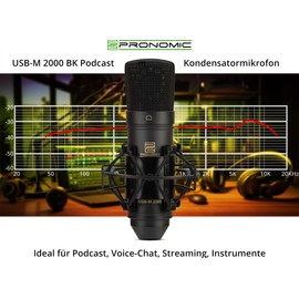 Pronomic USB-M 2000 BK Podcast Condenser Microphone - Ideal for Instruments, Vocals and Speech - 14 mm Back Electret Capacitor Capsule - Cardioid Pattern - 16 Bit / 48 kHz - Black