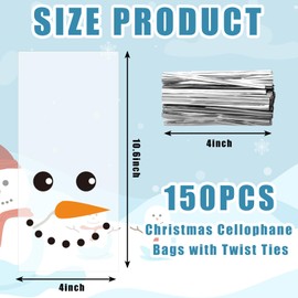 JarThenaAMCS 150Pcs Christmas Cellophane Treat Bags Cute Winter Snowman Candy Cookie Bags Plastic Xmas Cello Goodie Bags with Twist Ties for Holiday Party Favors