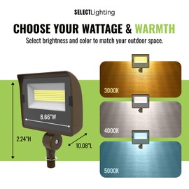 SELECT LIGHTING LED Flood Light, Multi-Watt (40/50/60W) & Multi-CCT (3000K/4000K/5000K), 1/2 Inch Swivel Knuckle Mount, Waterproof, 120-277V, 8000 Lumens, Outdoor Security Floodlight for Yard