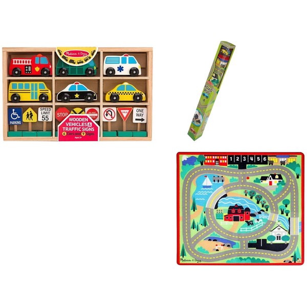 Melissa & Doug Round The Town Road Rug, Vehicles & Traffic Signs Set Vehicle