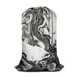 Swono Abstract Marble Texture Laundry Bag with Strap Large Dirty Clothes Organizer Watercolor Ink Painting Liquid Acrylic Easy Fit Laundry Hamper or Basket, Carry Up to 4 Loads of Laundry, Black White
