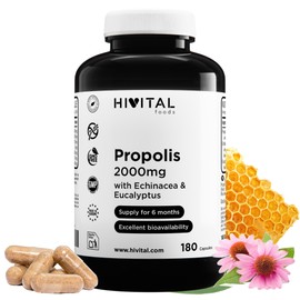 Propoli 2000 mg. 180 capsule per 6 mesi di trattamento. Estratti di Propoli con 10% di Galangina, Echinacea con 4% di Polifenoli ed Eucalipto. Prodotto in Europa da HIVITAL