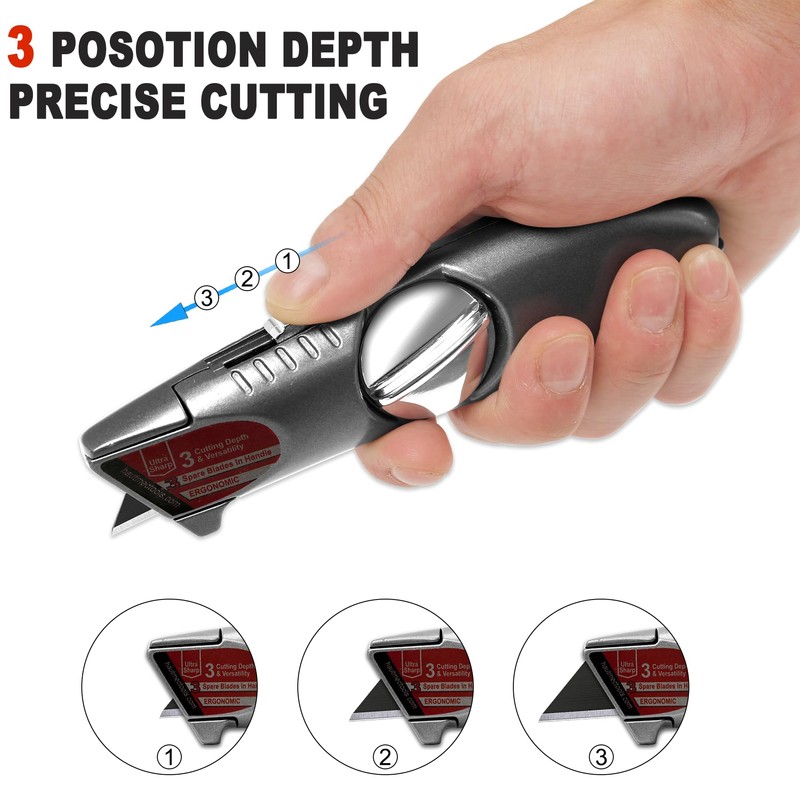 HAUTMEC Heavy-Duty Retractable Utility Knife, Aluminum Box Cutter with 3-Position