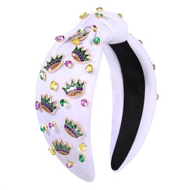 boderier Mardi Gras Headband for Women Glitter Crown Headband Jeweled Crystal Embellished Knotted Headband Fat Tuesday Carnival Hairband Hair Accessories Party Decorations (Crown-White)
