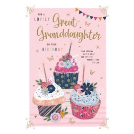 'Great-Granddaughter' Open Birthday Card for Girls - Floral Cupcakes with Sentiment Verse Embossed with Gold Foil - Made in the UK by IC&G