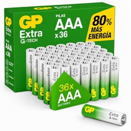 GP Pilas AAA, Paquete de 36 Baterias AAA, 1.5V Alcalinas LR03 - hasta 80% Más Potencia con G-Tech, 10 Años de Vida Útil, Pilas Triple AAA de Alto Rendimiento para Juguetes, Controles y Videojuegos