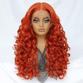 Felek Synthetic Ginger Curly Wig 13x6 Lace Front Wigs for Black Women Loose Wave HD Transparent Lace Frontal Wigs Pre Plucked Orange Long Wear and Go Glueless Wigs 24 inch