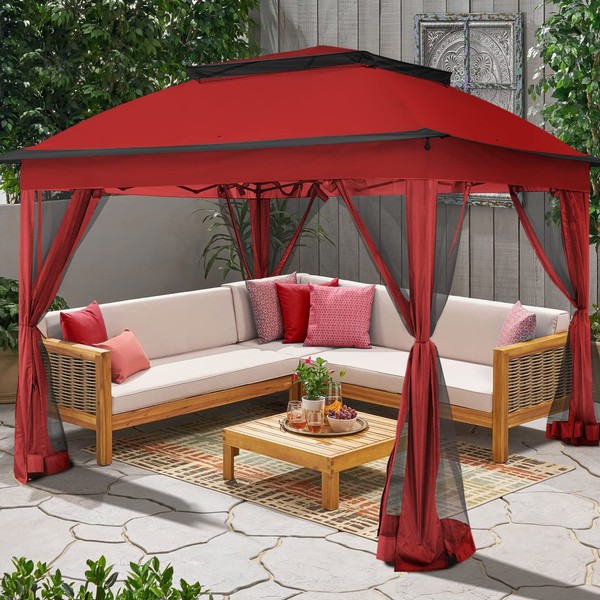 Joyside 11'x11' Pop Up Gazebo for Patios Gazebo Canopy Tent with Sidewalls Outdoor Gazebo with Mosquito Netting Pop Up Canopy Shelter Wedding Tent (Red)