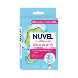 Nuvel Mascarilla Facial en Tela Hidratación Intensa, para Todo Tipo de Piel, con Colágeno Hidrolizado y Pepino, Paquete con 3 Piezas, Hidrata y Revita