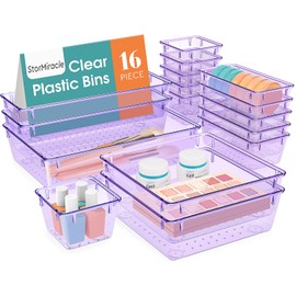 StorMiracle 16 PCS Drawer Organizer Set, 5 Varied Size Bathroom and kitchen Drawer cabinet organizer Trays, Clear Storage Bins for Makeup, Jewelry, Utensils and Gadgets, Purple