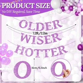 Set of 3 Pre-Strung Older Wiser Hotter Banner,No DIY Glitter Funny Happy Birthday Party Bannerfor Men Women, Glitter Birthday Party Decorations(Lavender)