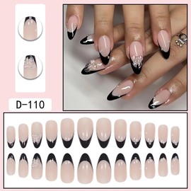LPOODDNU French Black Press on Nails Medium, Almond Shape Fake Nails with Bow Charms Designs Cute Acrylic False Nails Press ons Reusable Stick Artificial Nails for Women and Girls-24pcs
