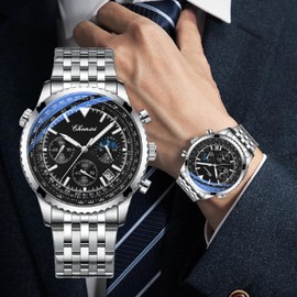 Tiong Black Chronograph Six-Hand Moon Phase Sport Quartz Watch Men's Watch Waterproof Luminous Date Watch