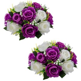 LANLONG 2 PCS Fake Flower Ball Arrangement Bouquet, 15 Heads Plastic Roses with Base, Artificial Flower for Wedding Bouquets Centerpieces Party Valentine's Day Home Decor