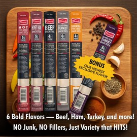 Jerky.com 30-Pack Jerky Variety Pack Meat Sticks - Low Carb, High Protein Snacks | Keto Friendly, Gluten Free | Bonus Includes Exclusive Flavor | Turkey, Ham, Pork & Beef Jerky Sticks | Gifts for Men & Women