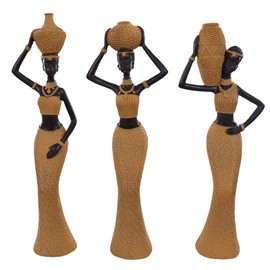 Lescafita African Women Water Pot Trio Statue - Brown Woven-Textured Resin Sculptures Set of 3, Traditional Daily Life Figurines for Home Decor, African Cultural Art Gifts for Housewarming/Office