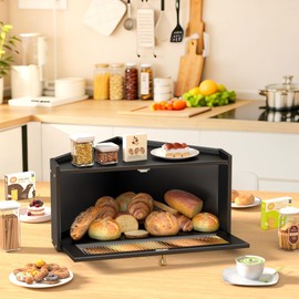 TQQDCI Corner Bread box for Kitchen Countertop, Bread Storage Bin for Homemade Bread, Bread Container Organizer, Bamboo Wooden Farmhouse Breadbox with Acrylic Window, Small Bread Holder, Black