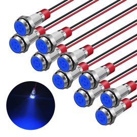 FICOLPO 10 Pcs LED Metal Waterproof Indicator Light, AC/DC 12-24V 5/16'' Mounting Hole Pre-Wired Pilot Signal Light for Car, Trucks, Boats, Marine, Dash, Industrial Electricity (Blue, 8mm)