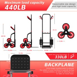 Stair Climbing Hand Truck 440lb，Heavy Duty Dolly Cart for Stairs，Thickened Upgraded Steel Tube Folding Stair Climbing Trolley with Six Wheels and Telescoping Handle, Red, TK1500-R