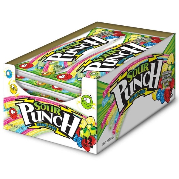 Sour Punch Straws, Rainbow Flavors, 4.5oz Tray  (Pack of 12), Lemon, Apple, Strawberry & Blue Raspberry Soft and Chewy Candy