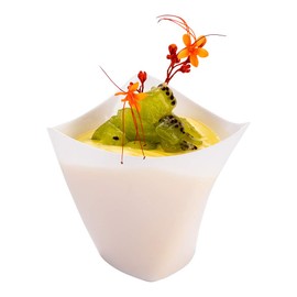 Restaurantware 4 Ounce Small Serving Cups 100 Triangular Dessert Shooters - Disposable Crescendo Design White Plastic Mini Dessert Cups Serve Appetizers Tastings And Snacks