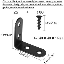 Corner Brackets, 25pcs L Brackets, Stainless Steel Corner Brackets for Wood, Right Angle 90 Degree Bracket with 100 Screws for Furniture Desk Table Shelf Corner Braces (40 x 40mm, Black)