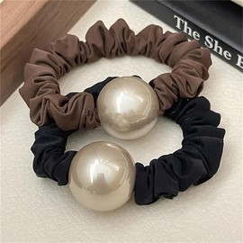 [VIISEN] Scrunchie Hair Elastic Stylish Hair Accessory Simple Cute Pearl Set of 2 Hair Elastic Hair Ornaments Elegant Stylish Pearl Hair Rubber Commuting Office Travel (A)
