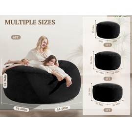WSOFRLAC 6FT Bean Bag Chair, Big Giant Bean Bag Chairs for Adults Kids, Large Beanbag Chair with Filler, High Density Memory Foam Stuffing, Soft Lazy Bags with Detachable Washable Cover, Black