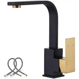 Modern Stainless Steel High Arc Single-Hole Kitchen Bar Faucet with Water Supply Hose Mini Prep Sink FaucetColor: Black and brushed gold, Surface Finishing: Black