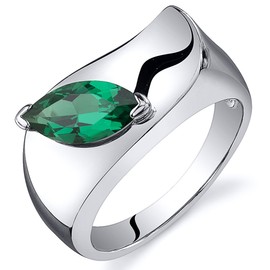 PEORA Simulated Emerald Museum Solitaire Ring for Women 925 Sterling Silver, 1 Carat Marquise Shape 10x5mm, Size 7, Promise, Engagement, Statement Ring, May Birthstone, w/Jewelry Box