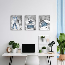 KREATIVE ARTS Ski Lift and Old Barn Canvas Wall Art, 3 Piece Grey and Blue Winter Sports Painting, Vintage Snow Mountain Giclee Prints, Home Decor for Living Room Bedroom, 12x16 Inches Each